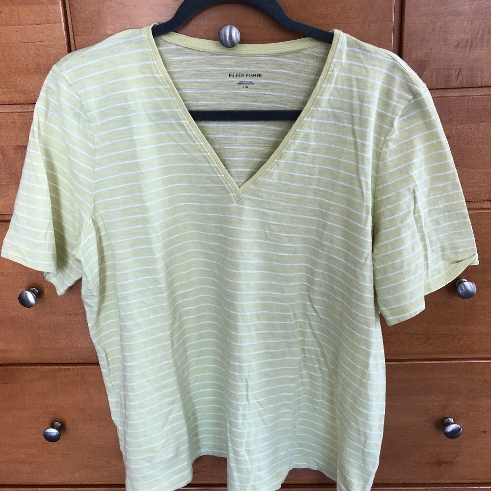 Eileen Fisher 100% Cotton striped V neck T shirt Sz L